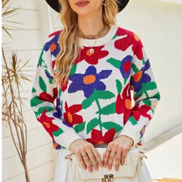 New Crew Neck Ivory Floral Knit Sweater with Red, Blue, Green, Orange Flowers - Picture 3 of 17